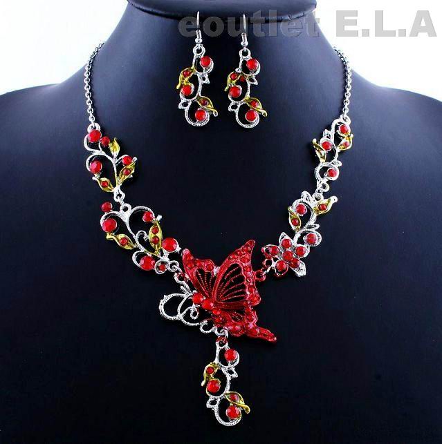 RED BUTTERFLY NECKLACE N EARRINGS SET